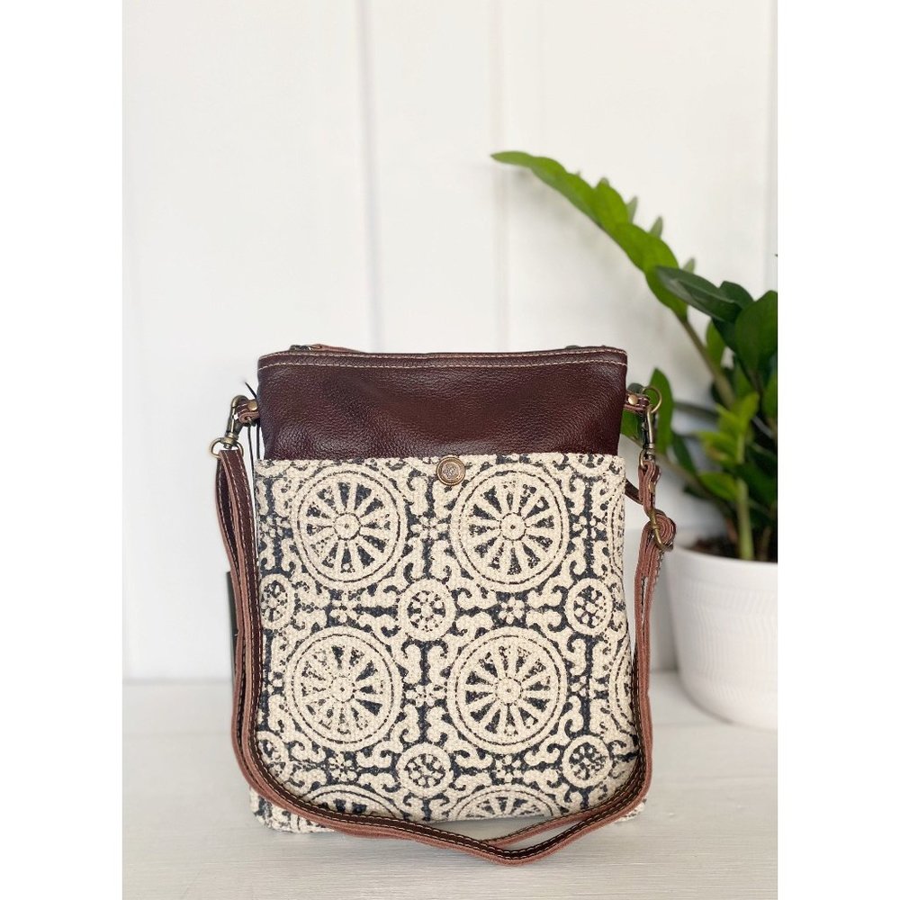 Circles Leather Canvas and Rug Crossbody Purse